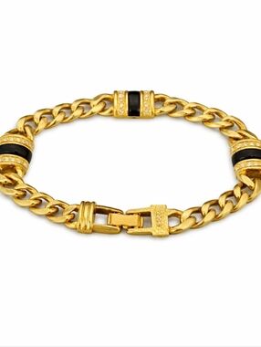 Vintage Swarovski SAL Gold Chain Link Bracelet Black Enamel & Crystal Statement